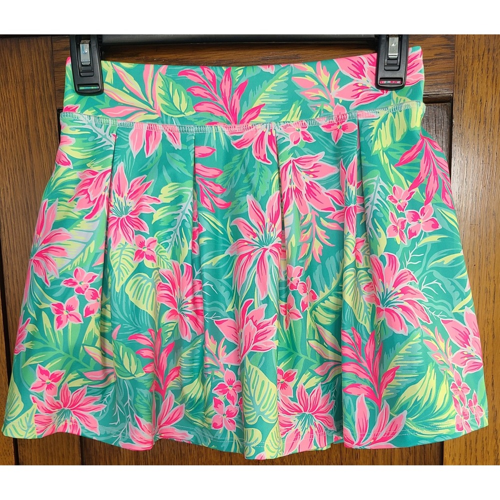 Tommy Bahama Active Girls Skort Size L 10-12 Tropical Floral Pink Green Pleated